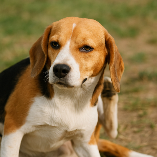 Beagle scratching ear outside, illustrating dog itching from allergies for CBD relief article.
