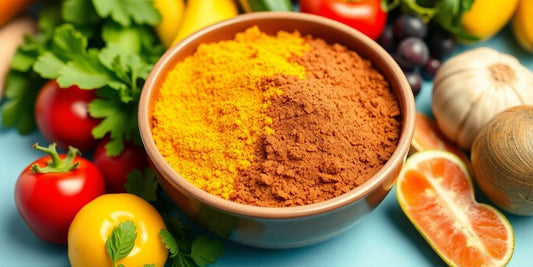 Bowl of homemade dog food supplement powder with fresh ingredients.
