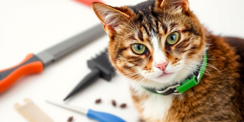 Cat with flea collar and grooming tools on a table.