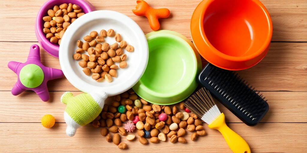 Colorful pet supplies including food, toys, and grooming items.