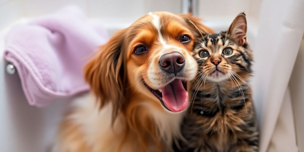 Happy pets enjoying a bath with veterinary shampoo.