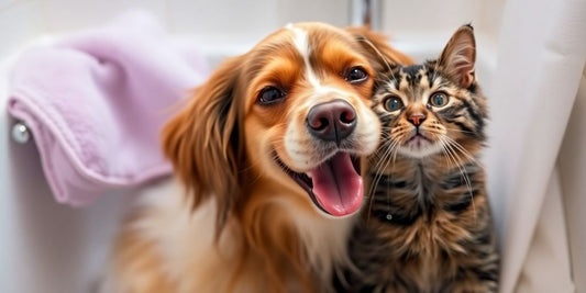 Happy pets enjoying a bath with veterinary shampoo.