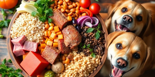 Colorful homemade dog food ingredients with a happy dog.