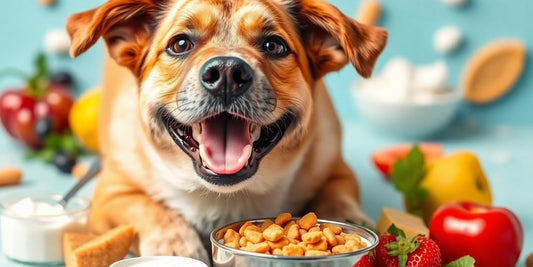 A happy dog with probiotic food and healthy ingredients.