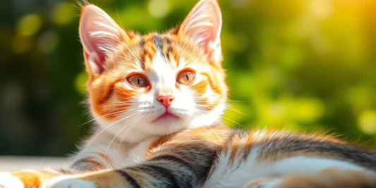 Playful calico cat lounging in sunny spot.
