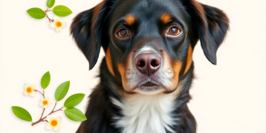 Healthy dog with witch hazel leaves and flowers.