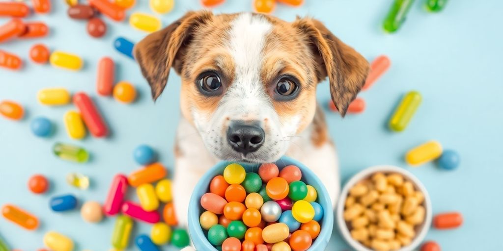 Dog with multivitamins and food in a bowl.