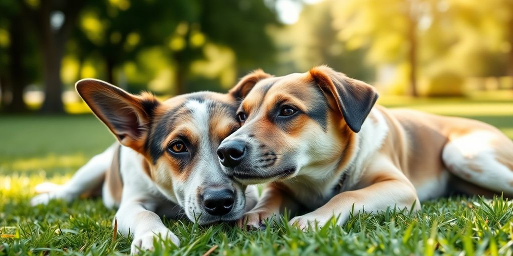 Healthy and sick dog in a sunny park setting.