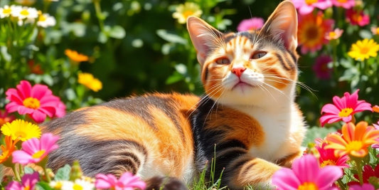 Colorful calico cat resting in a bright garden.