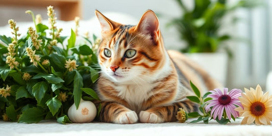 Healthy cat with natural herbs on a rustic table.