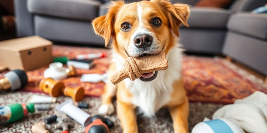 Playful dog with chew toy in a living room.