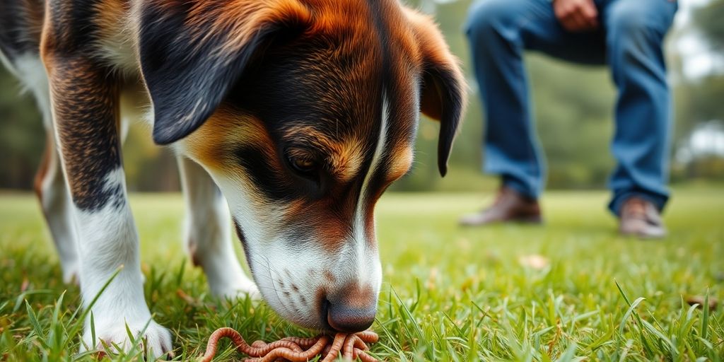 Dog sniffing grass with owner watching closely.