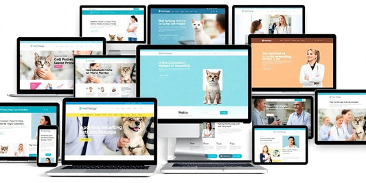 Collage of veterinary websites on devices for pet care.