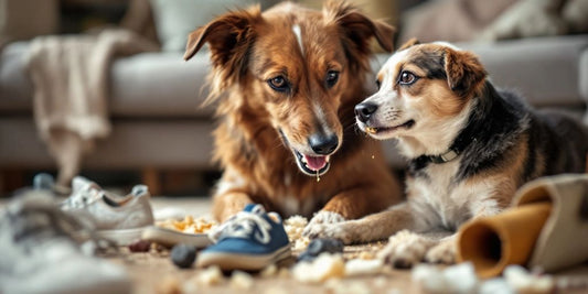 Dog with spray bottle, chewed items in background.
