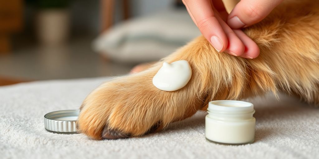 Dog paw being treated with ointment on soft surface.