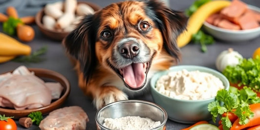 Happy dog with protein powder and fresh ingredients.