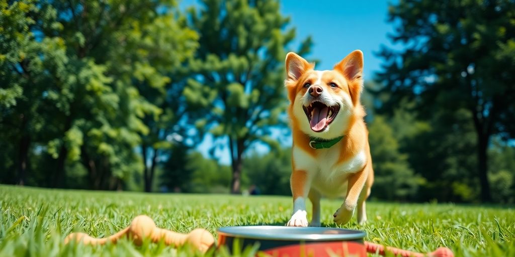 Happy dog playing outdoors with toys and a bowl.