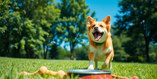 Happy dog playing outdoors with toys and a bowl.