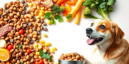 Dog food ingredients with a happy dog waiting.