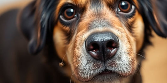 Dog with lice on its fur looking concerned.