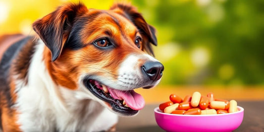 Dog with fenbendazole capsules on a colorful background.