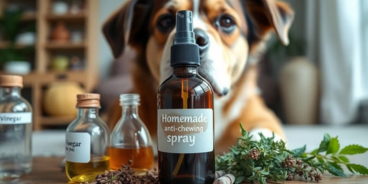 Dog with homemade anti-chewing spray and natural ingredients.