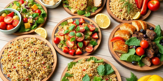 Colorful, healthy dishes arranged on rustic wooden platters.