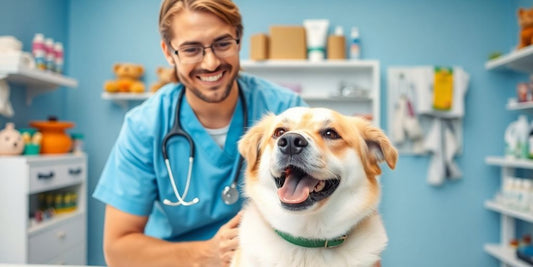 Veterinarian caring for a happy dog in clinic.