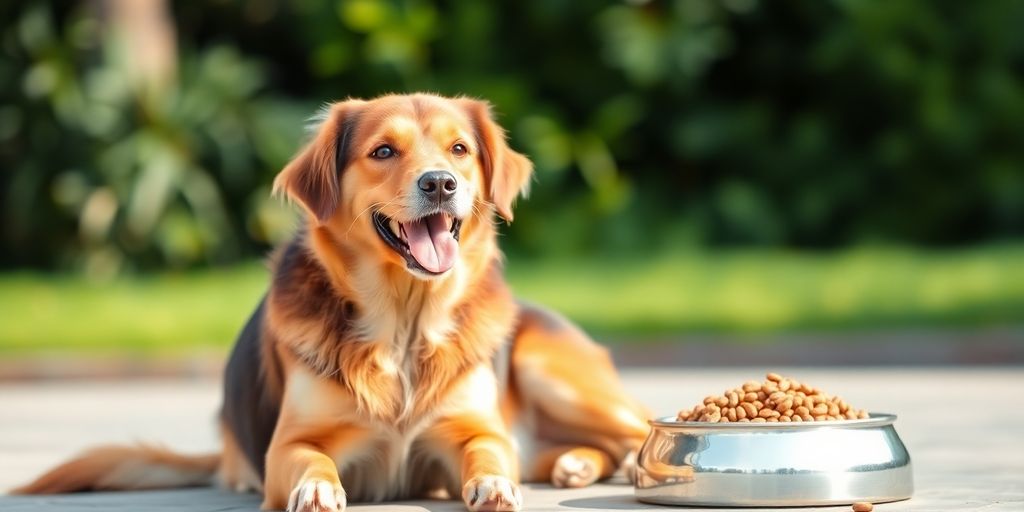 Happy dog with shiny coat and dog food bowl.