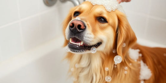 Golden retriever being bathed with dog shampoo in bubbles.