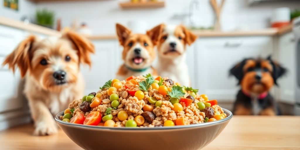 Bowl of homemade dog food with fresh ingredients and dogs.