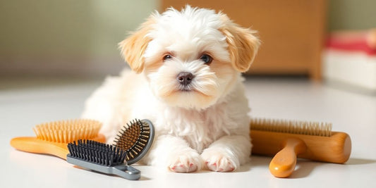 Maltipoo with shiny coat beside various dog brushes.