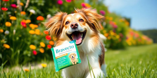 Happy dog outdoors with Bravecto packaging in mouth.