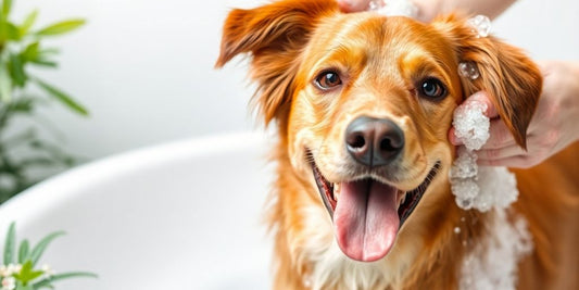 Dog enjoying bath with antifungal shampoo and bubbles.