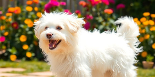 Fluffy dog with shiny white coat in sunny garden.