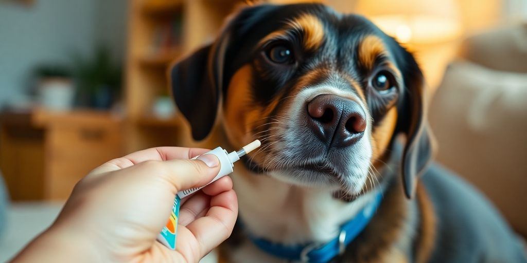 A dog getting Benadryl from a human hand.
