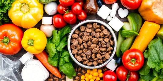 Bowl of kibble with fresh vegetables and fruits surrounding it.