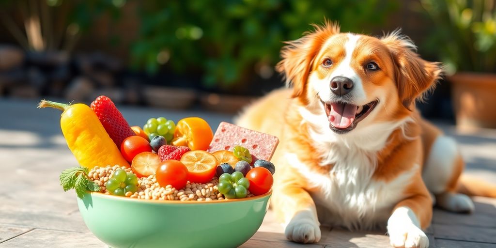 Dog enjoying healthy human food in a vibrant setting.