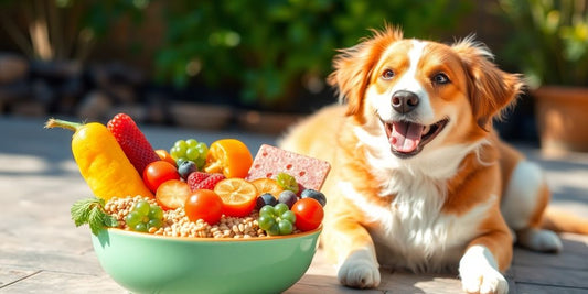 Dog enjoying healthy human food in a vibrant setting.