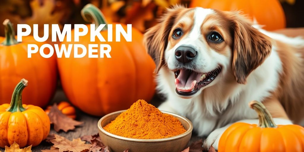 Dog with pumpkin powder and fresh pumpkins in background.