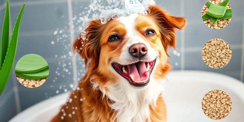 Happy dog getting washed with anti-allergen shampoo outdoors.