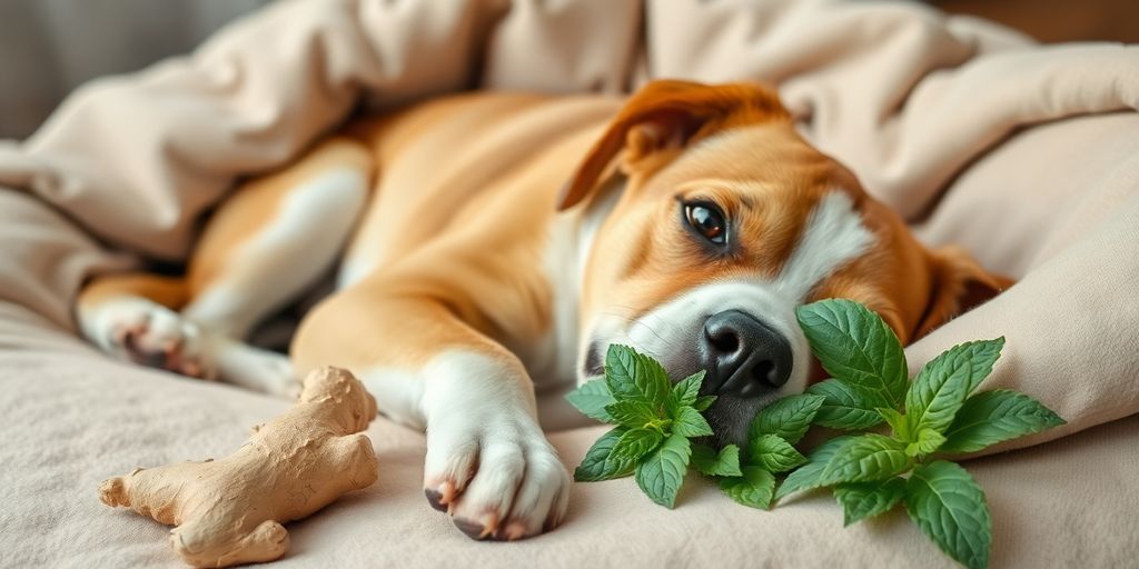 Happy dog with herbs for natural remedies in cozy setting.