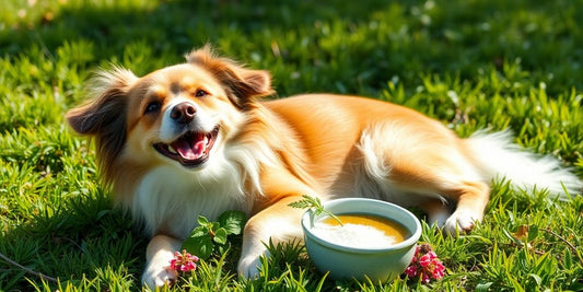 Happy dog with natural remedies on green grass.