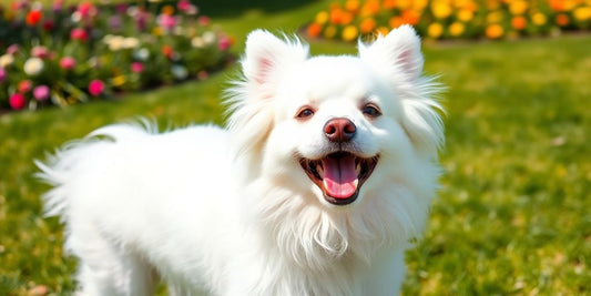 Happy white dog playing in a sunny park.