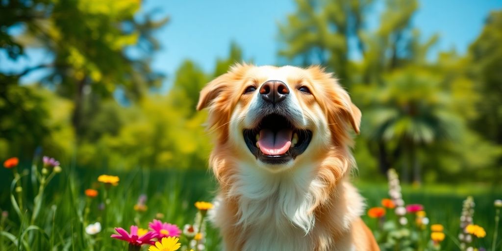 A happy dog in a sunny park with flowers.