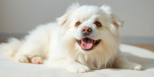 Fluffy white dog resting on a light surface.