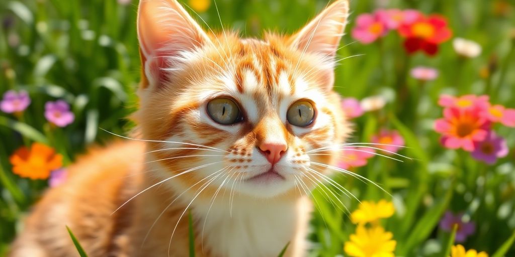 Healthy cat with long whiskers in sunny garden.