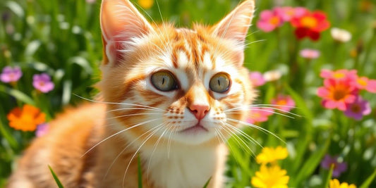 Healthy cat with long whiskers in sunny garden.
