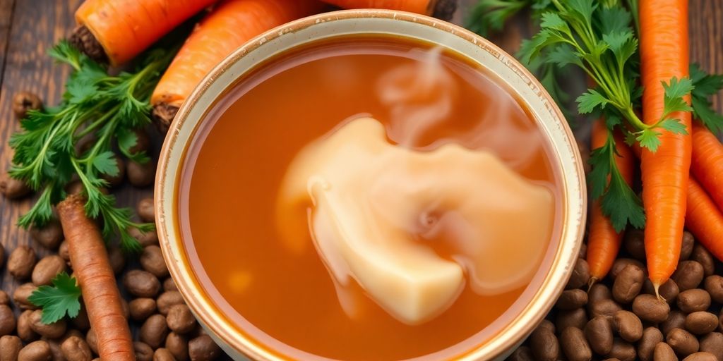 Bowl of bone broth with fresh herbs and vegetables.