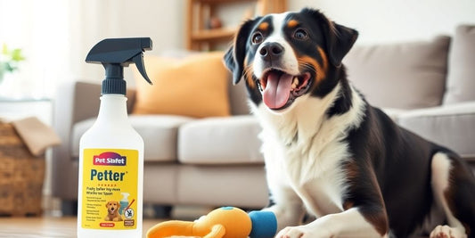 Dog with a chew toy beside a spray bottle.